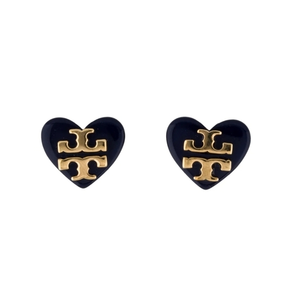 Tory Burch Tilsim Logo Heart Stud Earrings In Navy Blue - Picture 4 of 6